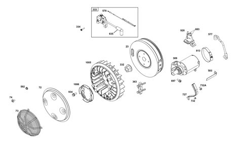 Flywheel, Ignition, And Starter Group Diagram and Parts List for 38E347-0112-G1 200000 - 399999 Briggs and Stratton Engine